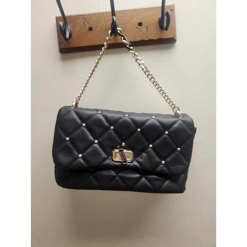 Badgley Mischka Black Quilted Studded Chain Shoulder Bag Evening Glamour - Picture 1 of 5